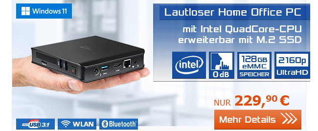Lautloser Mini-PC mit Intel QuadCore-CPU ideal für Home Office für nur 229,90 EUR!