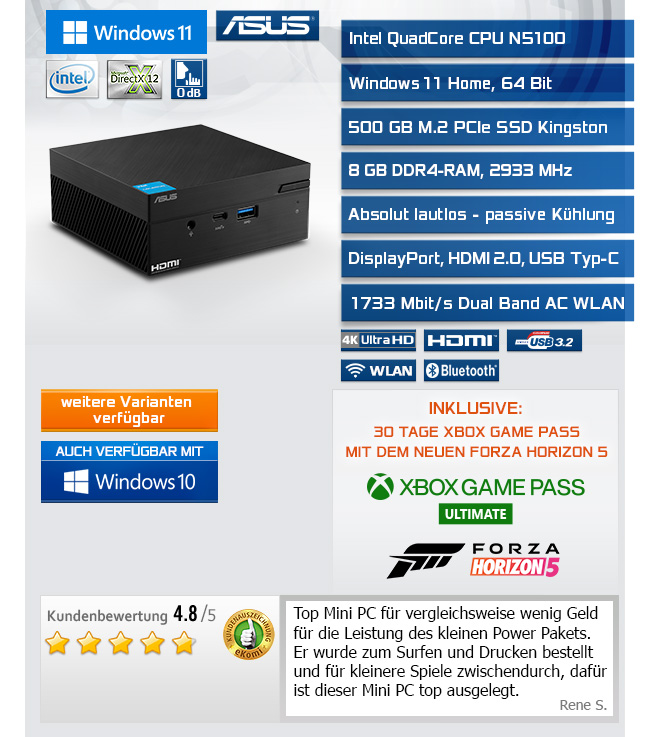 Mini PC - ASUS PN41 / 8GB / 500 GB M.2 SSD