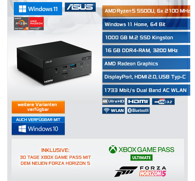 Mini PC - ASUS PN51 5500U / 16GB / 1000 GB M.2 SSD