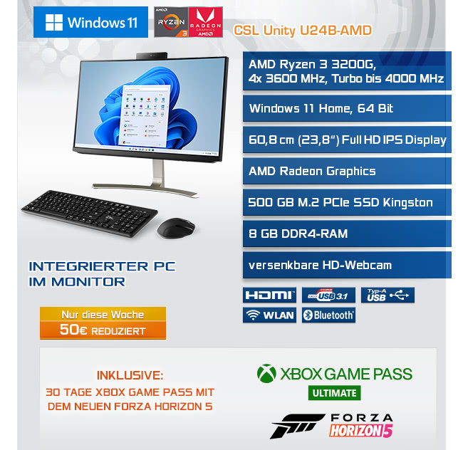 All-in-One-PC CSL Unity U24B-AMD / 3200G / 500 GB / 8 GB RAM