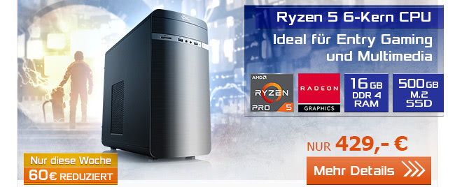 Ryzen 5  Gaming-PC - ideal fÃ¼r Entry Gaming und Multimedia, nur 429,- EUR!
