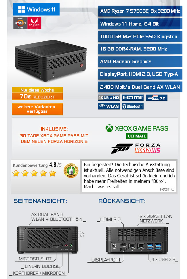 Mini  PC - CSL X300 / 5750GE / Windows 11 Home / 1000GB+16GB 