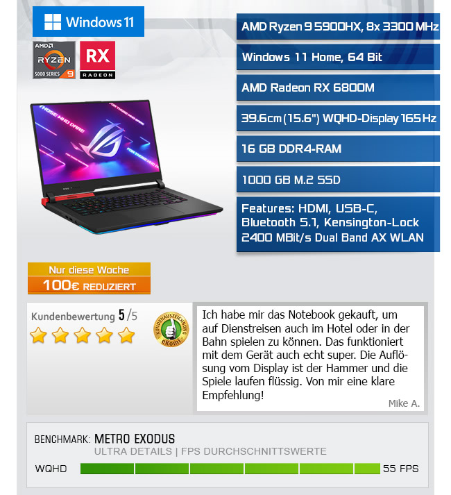 Notebook Asus ROG STRIX G15 Advantage Edition / Ryzen 9 5900HX / Radeon RX 6800M / Windows 11 Home