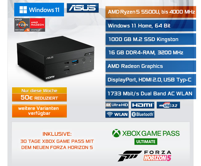 Mini  PC - ASUS PN51 5500U / Windows 11 Home / 1000GB+16GB 