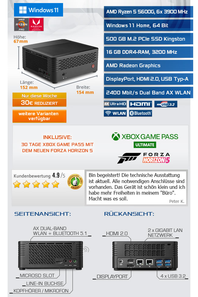 Mini  PC - CSL X300 / 5600G / Windows 11 Home / 500GB+16GB 