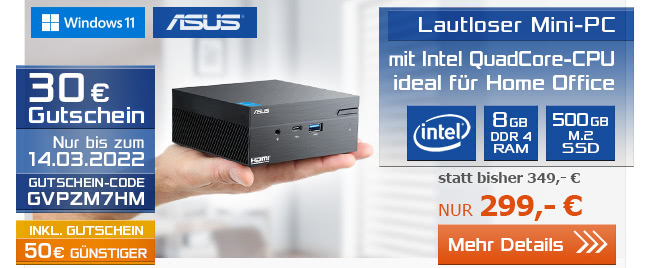 Lautloser Mini-PC mit Intel QuadCore-CPU, 8 GB RAM und 500 GB M.2 SSD nur 299,- EUR!