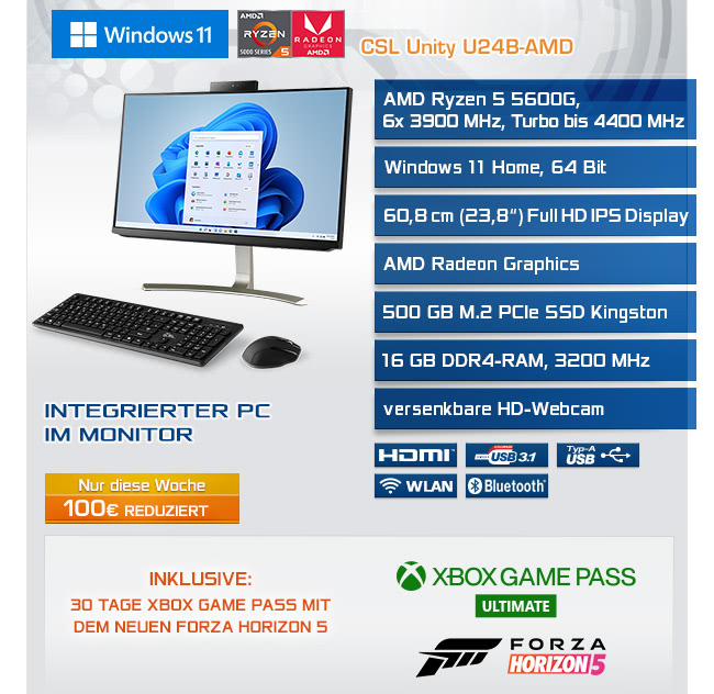 All-in-One-PC CSL Unity U24B-AMD / 5600G / Windows 11 Home / 500GB+16GB